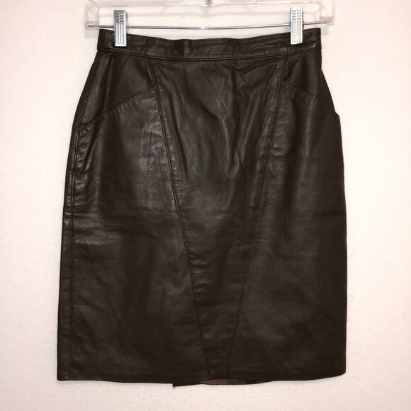 Taupe Leather Pencil Skirt with Pockets Size M - Picture 2 of 9